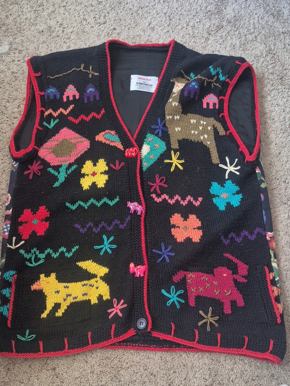 90s Alfonso Pozo Sweater Vest Art To Wear Cardigan Floral Wild Animal Knit